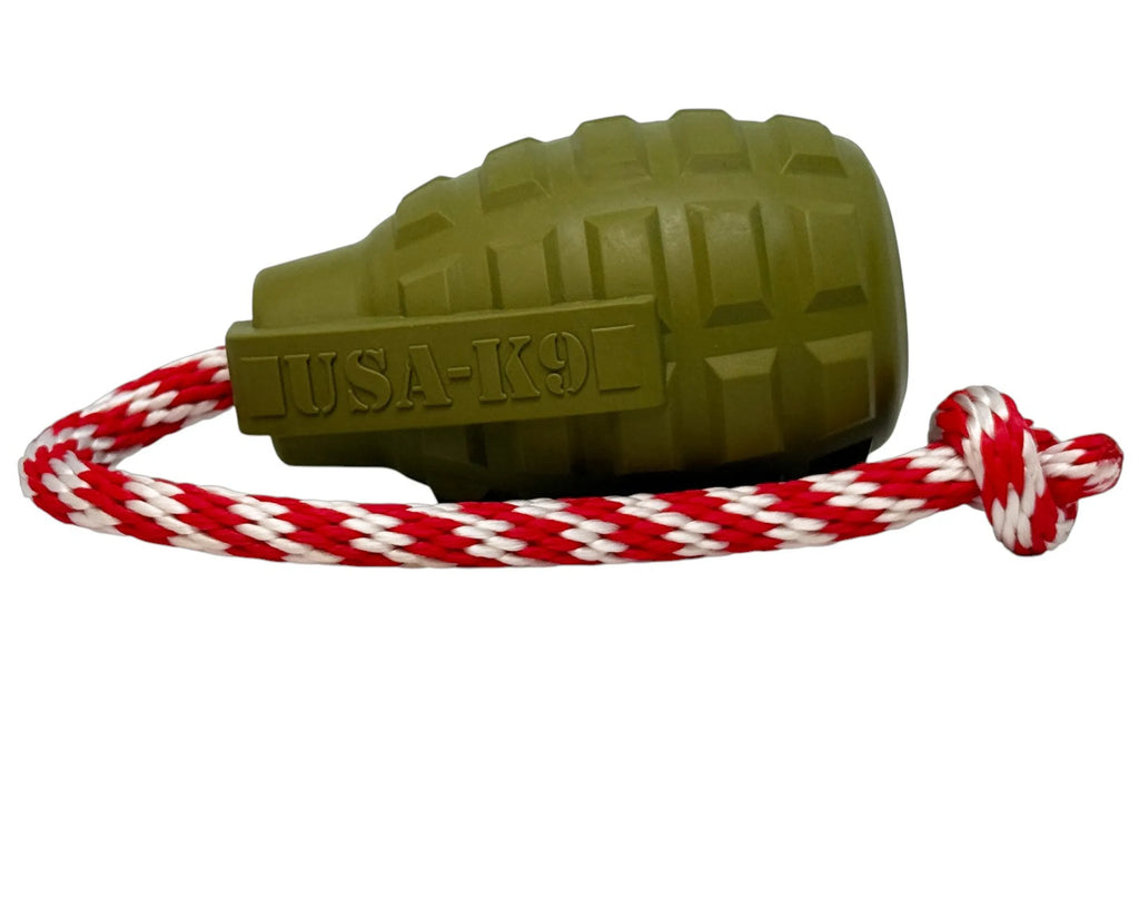 USA-K9 Grenade Shaped Rubber Dog Toy - Chew, Treat Dispenser & Tug Toy