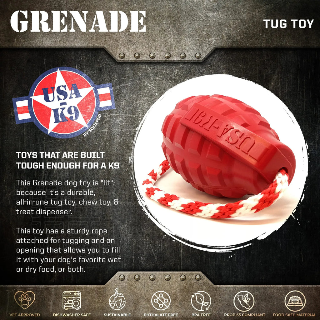 USA-K9 Grenade Shaped Rubber Dog Toy - Chew, Treat Dispenser & Tug Toy